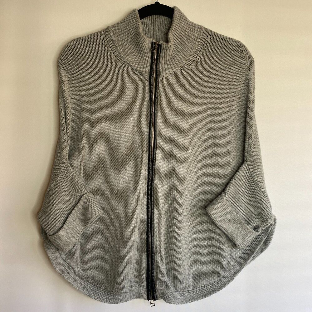 Jana Grey Full Zip Cardigan Sweater Leather Accents Size S/M